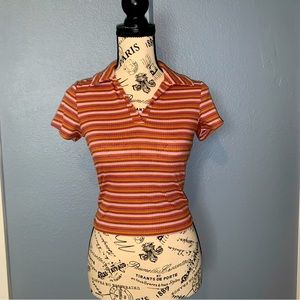 Ultra Flirt Retro Polo Short Sleeve Cropped Pink Stripes With Collar Size Small